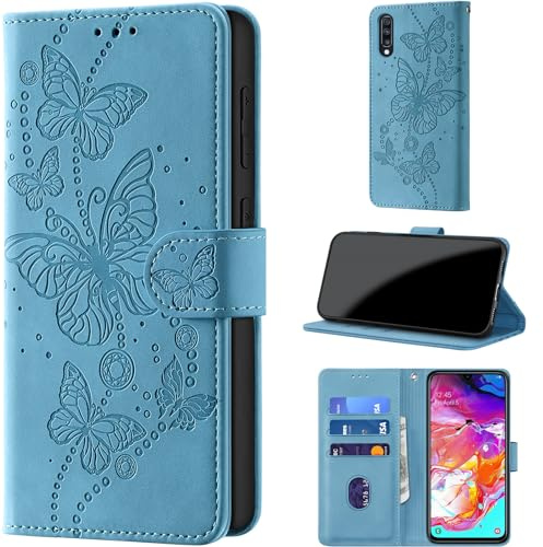 Handyhülle für Samsung Galaxy A70 Hülle, Hellblau | Klappbar Premium PU Lederhülle, RFID Schutz, Stoßfeste, Kartenfach, Standfunktion, Magnetverschluss, Leder Prägung, Flip Case