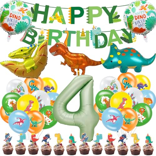 Fizdoqg Dino Geburtstag Deko Junge, Deburtstagsdeko 4 Jahre Dinosaurier | mit Luftballon Folienballon Banner Cupcake Topper für Dinosaurier Party