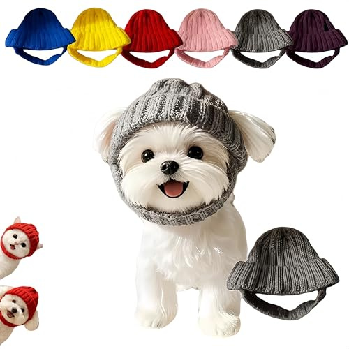 Gestrickte Hundemütze mit Ohrenklappen, warme Wintermütze, geeignet für kleine Hunde, Bequeme Strickmütze für Haustiere, warm und weich, geeignet für drinnen und draußen. (Grau)