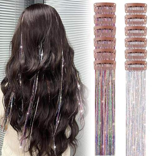 KAHZOR 10 PCS Tinsel Extension Capelli con clip,Capelli con Glitter Colorati,extension glitter per donne e ragazze,ciocche colorate,feste,per festival,matrimoni