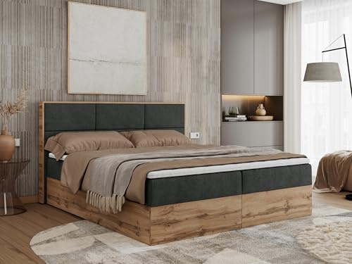 MKS MEBLE Boxspringbett Albero 2-180x200 cm mit Bettkasten, Kontinentalbett/Doppelbett, 2X 7-Zonen Taschenfederkern-Matratze H3, Topper Visco, Kopfteil, Dunkelgrau Strukture Holzoptik Wotan Eiche