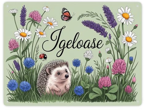 speecheese Metallschild XXL in 28x38 cm Igel auf Wildblumen Igeloase | Gartendeko lustiges Gartenschild für Gartenfreunde