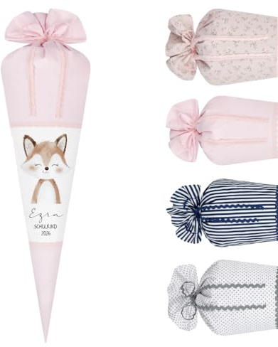 Personalisierte Schultüte aus Stoff mit Name | Handgenähtes Set inkl. Rohling | 8 Motive | 70cm & 35cm | Waschbar & zum Kissen wandelbar | Einschulung (Fuchs, Rosa mit weißen Punkten)