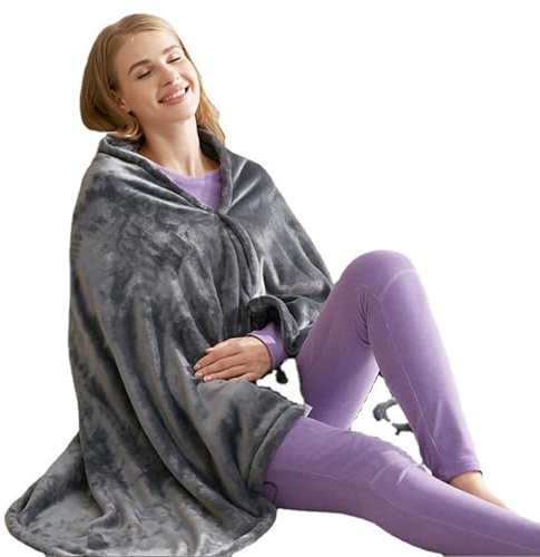 USB Electric Heated Blanket, Soft Flannel Wearable Heating Throw with 3 Temperature Settings, Washable Warm Lap Blanket for Office Travel Camping, Grey, 150x85cm