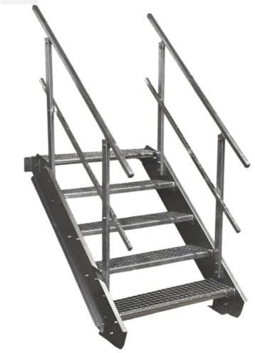 SRM Design 5 Stufen Stahltreppe Breite 130 cm verzinkt 2X Geländer | Geschosshöhe 70 - 105 cm feuerverzinkt Robuste Außentreppe Wangentreppe Stabile Industrietreppe Außenbereich