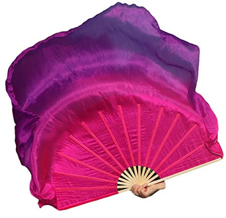Winged Sirenny Pair Large Short Silk Flutter Dance Fans - 45x41 (114x105cm) for Dance Events, Stage Performance, Theatre, & Flow arts- Bamboo Handles, Carry Bag Included (pink-purple)