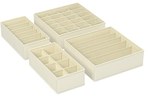 SONGMICS Unterwäsche-Organizer 4er Set, Schubladen-Organizer, faltbar, Ordnungssystem Kleiderschrank, Aufbewahrungsbox Schrank, Stoffboxen Aufbewahrung, für BHs, Socken, Krawatten, beige RUS04M