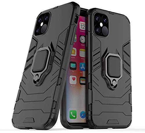 AKABEILA Case for iPhone 12 Pro/12 Cover Finger Ring Grip Kickstand Metal Holder Silicone PC Hybrid Anti-Scratch Shockproof 6.1 Inch Black