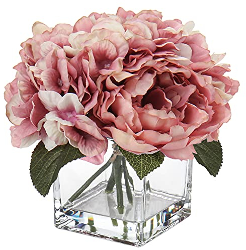 Kunstblume mit Vase Künstliche Blumen Hortensien Pfingstrose Blumengesteck Kunstpflanzen Deko im Glastopf mit Kunstwasser Hochzeitsdeko Fensterbank Tisch Badzimmer Herbst Dekoration