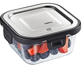 GEFU Frischhaltedose MILO - smarte Lunchbox mit Frische- & Vorratskontrolle per App, aus Glas mit Silikonverdichtung & Klick-Verschluss, Lebensmittelbehälter, Tupperdose, 300 ml, quadratisch