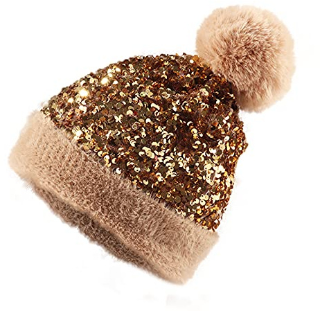 Homiton Damen Strickmütze mit Pailletten aus Kunstfell Bommel glänzend glänzend Totenkopf Mütze