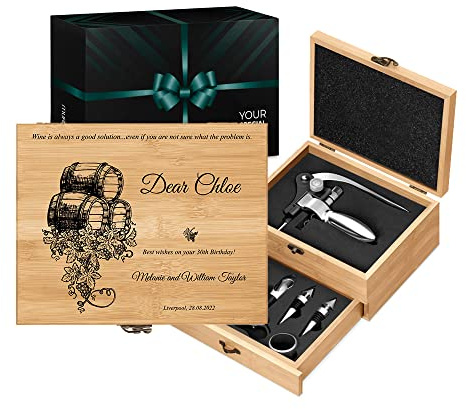 Maverton Wine Opener Set, Engraved Sommelier Corkscrew Set, Barrel | Stainless Steel Wine Opening Accessories, Customized Wine Opening Kit in Bamboo Case, Gift for Woman