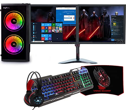 Veno Scorp ARGB Gaming PC Set i5 240 SSD 500 HDD 8GB RAM 2GB DDR5 GT1030, PC Set with 2 x 19” Monitors, Win 10, Wifi (Renewed)