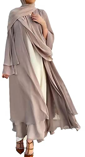 IWEMEK Muslimische Strickjacke für Damen, Maxikleid + Hijab-Schal, einfarbig, lockere Passform, langärmelig, Kaftan, volle Länge, islamische Dubai Abaya Kleider, khaki, Medium