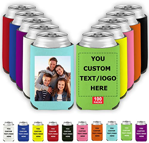 Enfriadores de cerveza personalizados, 100 unidades a granel con logotipo de foto, soporte para botellas de bebidas aislado personalizado para fiestas, bodas, pesca, picnics