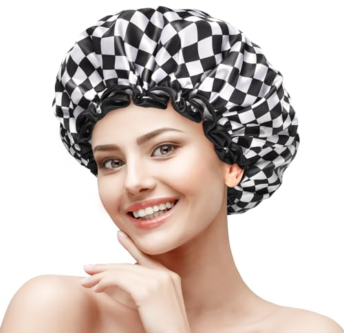 mikimini Shower Cap for Women, Double-layer Waterproof, Reusable, Washable Hair Cap for Short Medium Hair, Black and White Checkered Design - Contemporary and Chic Accessories