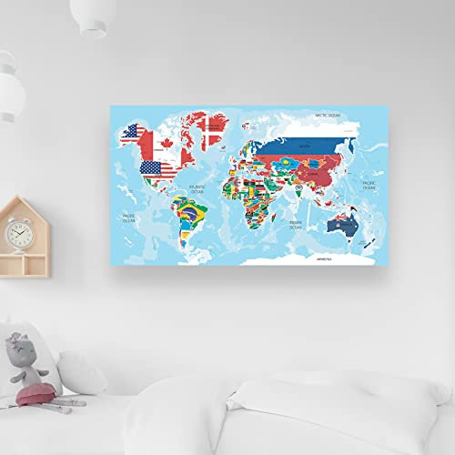 Carte du monde avec drapeaux nationaux - 42 x 59,4 cm - Bannière murale pour voyageur - Cartographie des pays - Jouet éducatif pour enfants