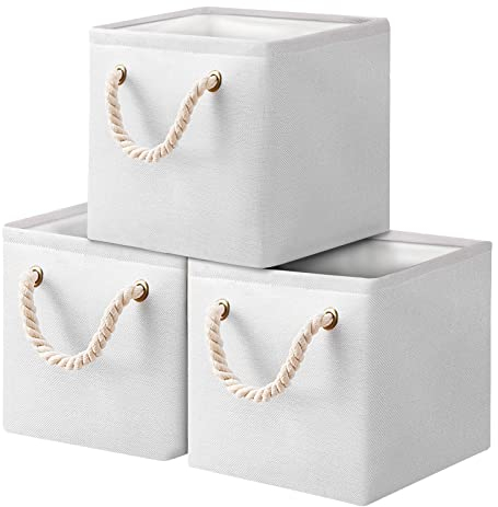 Yawinhe 3 Stück Aufbewahrungsbox, Aufbewahrungskorb mit Griff, Stoffwürfel Regalkörbe, Würfel körbe für regal, für Schrank,Regal, Kleidung, 28x28x28cm,Weiß, SNK004WS