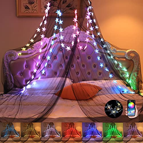 Betthimmel mit Lichtern, Baldachin, Bettvorhang mit RGB-Musik-Synchronisation, Farbwechsel, Bluetooth-LED-Sternenlichter mit App-Fernbedienung, Moskitonetz für Prinzessinnen-/Mädchen-Schlafzimmer,