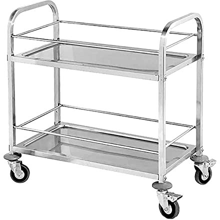 AUNEVN Bewegliche Sackkarren Servierwagen Für Den Haushalt Große Rollende Sackkarren Aus Edelstahl, Robuster Service- Und Buswagen Mit 2 Ablagen Und Griff, Belastung 50 Kg/Stainless Steel/M(80X45X88C