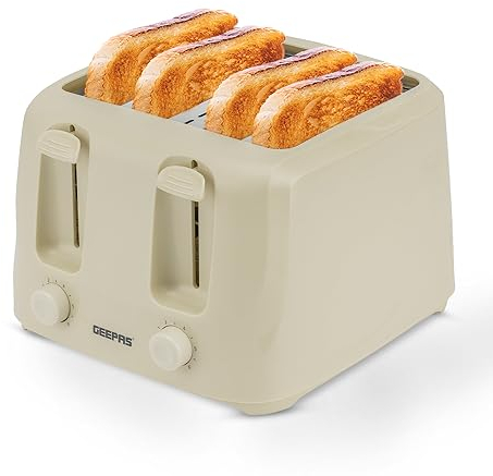 GEEPAS 4 Slice Toaster | 6 Browning Levels with Cancel Function | For Thin Small Bread Slice | 2 Independent Controls 2 Removable Crumb Trays Cool Touch High Lift | 1 Yr Warranty 1400W Beige