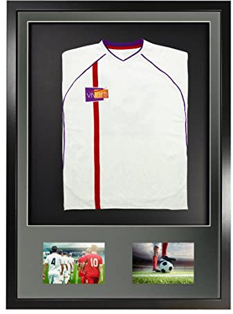 Vivarti DIY Infant 3D Mounted + Double Aperture Sports Shirt Display Frame for Football Shirt, Rugby Shirt, Band T-Shirt Shadow Box - 50x 70cm - Black Frame, Silver Mount, Black Backing Card