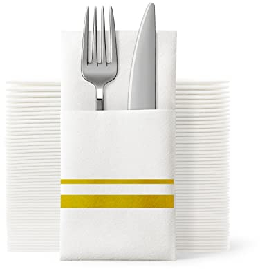 UKEENOR Disposable Dinner Napkins Cloth Like with Built-in Flatware Pocket,Wedding Party Linen Feel White and Golden Napkin, Prefolded for Silverware, 100 Counts