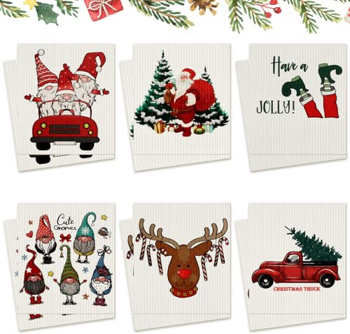 Patelai 12 Pcs Christmas Swedish Kitchen Dishcloths Dish Cloths Swedish Winter Gnomes Santa Elk Kitchen Dishcloth Reusable Absorbent Dishcloth Swedish Dishes Kitchen for Home Kitchen Supplies (Gnome)