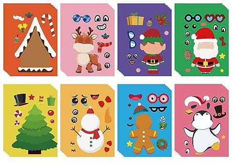 CREATCABIN 48 Sheets 8 Styles Make Your Own Christmas Stickers Sheets Make a Face Stickers Santa Snowman Xmas Tree Deer Reindeer Self Adhesive DIY Stickers Party Favors for Christmas Decorations