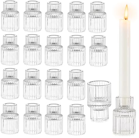 Glasseam Bougeoirs en Verre Transparent, Lot de 20 Bougeoirs en Cristal Strié pour Bougies, Bougeoir De NoëL Chic pour Table à Manger, DéCorations De Mariage Et De FêTe.