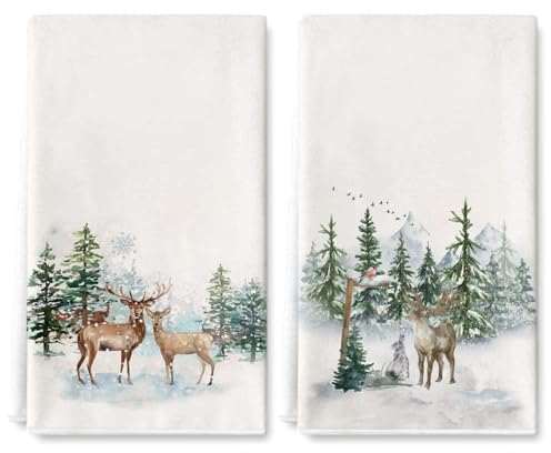 AnyDesign Winter-Küchen-Geschirrtuch, 45,7 x 71,1 cm, Schneeflocke, Wald, Elch, Geschirrtuch, Aquarell, dekoratives Händetrocknen, Geschirrtuch zum Backen, Kochen, Zuhause, Küche, Dekoration,