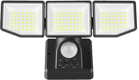 YTKIH Spot LED avec détecteur de mouvement extérieur, spot extérieur super lumineux 6000LM 38W avec 3 têtes réglables, spot LED blanc froid 6500K, éclairage extérieur étanche IP65 pour jardin