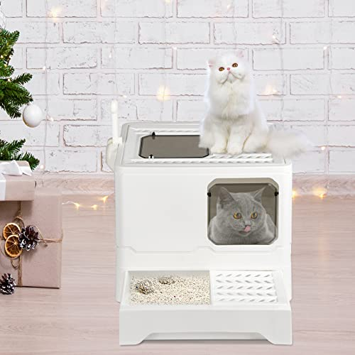 Arenero para Gatos, Caja Arena con Bandeja Extraíble, Pala, Cepillo, Espacioso para Gatos Grandes, Carga de 20 kg, Antifiltración, Antiescapes, 45 * 35 * 38 páginas-Blanco