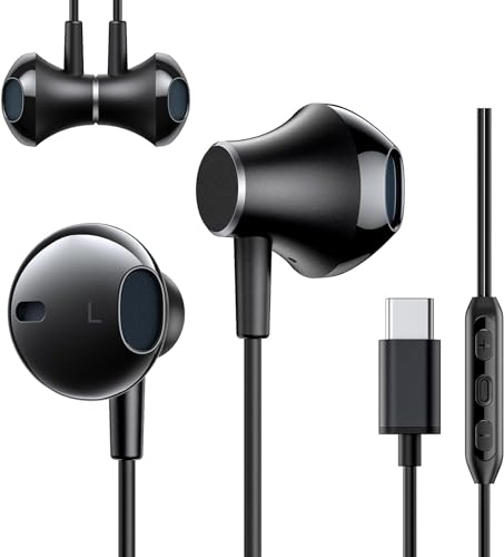 New bee USB C Kopfhörer, Samsung Kopfhörer mit Kabel Ohrhörer Magnetische kabelgebundene Ohrhörer mit Mikrofon für iPad Pro, Samsung Galaxy(Schwarz)
