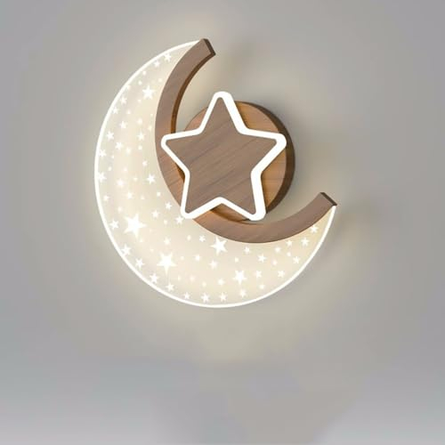 LED Mond Wandlampe Innen Holzoptik 12W Modern Kinder Wandleuchte Sterne und Mond Nachttischlampe 3 Farbtemperatur Junge Mädchen kinder Schlafzimmerlampe Nachtlicht Kinderzimmer Wandbeleuchtung,1 pcs.