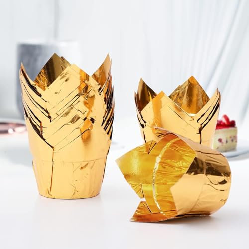 50pcs Tulip Cupcake Cases for Baking,Greaseproof Muffin Liners,Foil Muffin Baking Cups for Wedding Birthday Party(Gold)