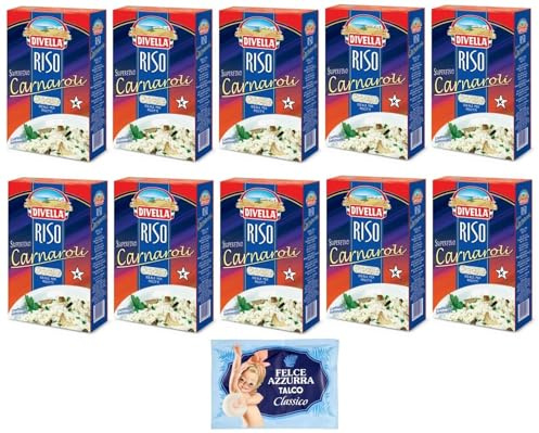 10er-Pack Divella Reis Riso Carnaroli,Superfeine Reiskörner,Ideal für Risottos,1kg Vakuumverpackung + 1er-Pack Kostenlos Felce Azzurra Talkumpuder, 100g-Beutel