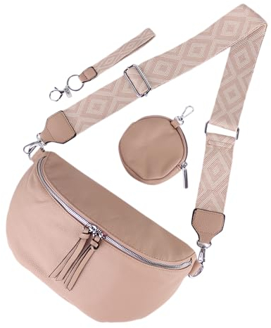 MIRROSI® Bauchtasche Damen, Veganleder 30x19x10cm, Umhängetasche, Brusttasche, Crossbody bag, Kunstleder leder, verstellbare Schulterriemen Bohemian Style (Taupe)