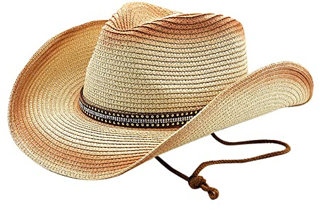 FakeFace Herren Damen Cowboyhut Westernhut Panamahut Sonnenhut Strandhut Modehut Sonnenschutz Cowgirl Cowboy Hut Hüte Western Lederband für Erwachsene