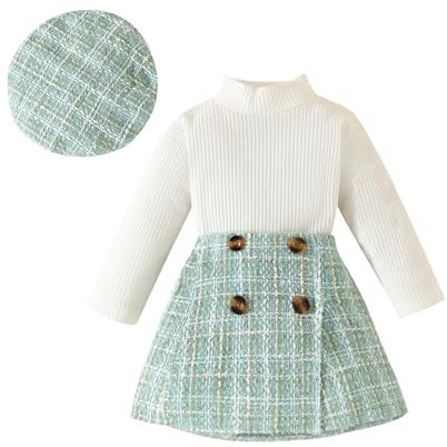 Tenue d'automne pour bébé fille, col haut, manches longues, côtelée, vêtements pour petite fille, pull à carreaux, ligne A, jupe courte, robe fille