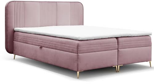FURNISTAR Boxspringbett GINA Doppelbett mit Bonellmatratze Topper und Bettkasten Bett Glamour Polsterbett mit abgerundetem Kopfteil Modern Schlafzimmer Vintage Schlafzimmerbett (140x200 rosa)