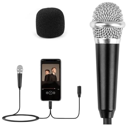 Fadwits Mini-Mikrofon, winziges Karaoke-Mikrofon, tragbares Gesangsmikrofon mit 3,5 mm Universalkabel, Metallverdrahtet, Mini-Handmikrofon, für Handy, Laptop, Notebook, Schwarz