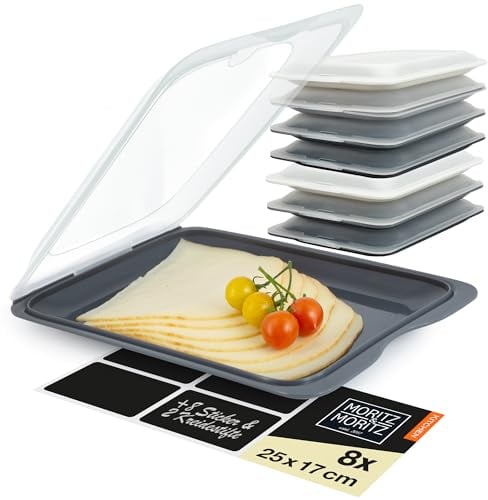 Moritz & Moritz 8er Set Aufschnittbox Aufschnittdosen stapelbar - Frischhaltedosen mit Deckel zur Aufbewahrung von Wurst, Käse, uvm. - inkl. Tafelsticker zum Beschriften