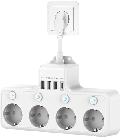 PLLYPE Steckdosenleiste mit USB, 4 Fach Mehrfachsteckdose mit Schalter, Steckdose 4fach mit USB, mehrfachsteckdose mit USB C und 3 USB-A, für Küche, Reise und Büro, Weiß