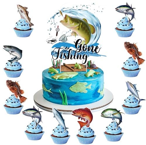Fishing Cake Topper Cupcake Toppers - 41 Pcs Gone Fishing Birthday Party Cake Decorations Fish themed Party Supplies