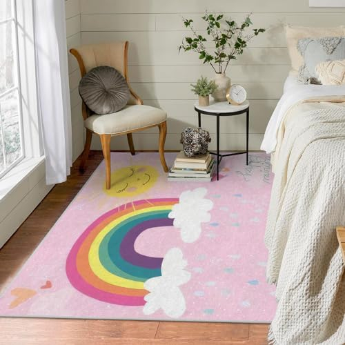 Waschbar in Waschmaschine Wohnzimmer Teppich Rosa Regenbogen 120x200 Kurzflor Teppich Schlafzimmer, Sonne Teppich Gegend Dünn Bettvorleger Saugfähig für Jugendzimmer Jungen Mädchen