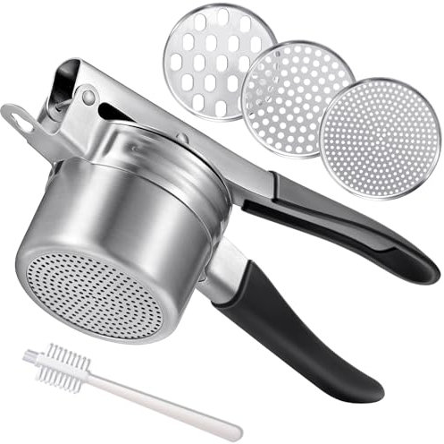 Potato Ricer, AMOHEE 15oz Stainless Steel Potato Masher Upgrade Heavy Duty Design with Anti-Slip Handle Ricer for Mashed Potatoes, Carrots, Yams, Black