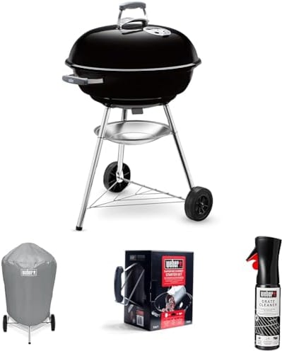 Weber Compact Kettle Barbacoa de Carbón, Ø 57cm, Negro, 1321004 + Funda para Barbacoa de Carbon, 7176 + Set Chimenea con Briquetas Encendido Blancas + Producto de Limpieza para Parrilla y Horno