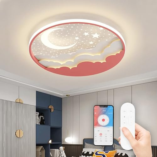 LED Kinder Deckenlampe Stern Mond Deckenlampe, Dimmbar Acryl Deckenleuchte Für Kinder Mit Fernbedienung, Modern Kinderzimmer Deckenbeleuchtung Junge Mädchen Schlafzimmer Deckenleuchte, Rosa 40cm