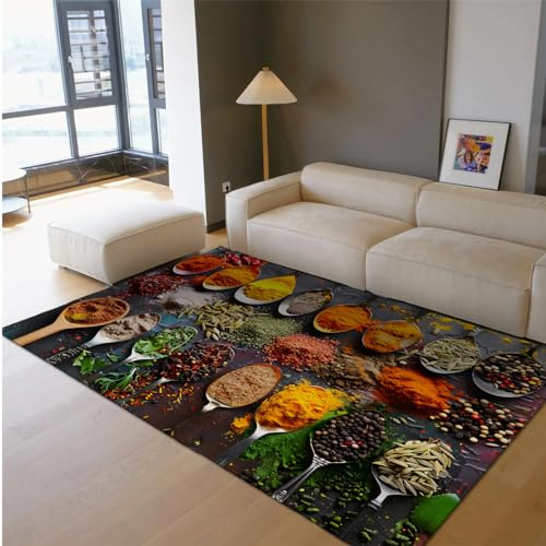 HOBBOY Bunte Küchenteppiche Kochkräuter Gewürze Muster Bereich Teppich für Esszimmer Restaurant Küchenmatten für Boden Faltbarer Teppich 140 x 200 cm